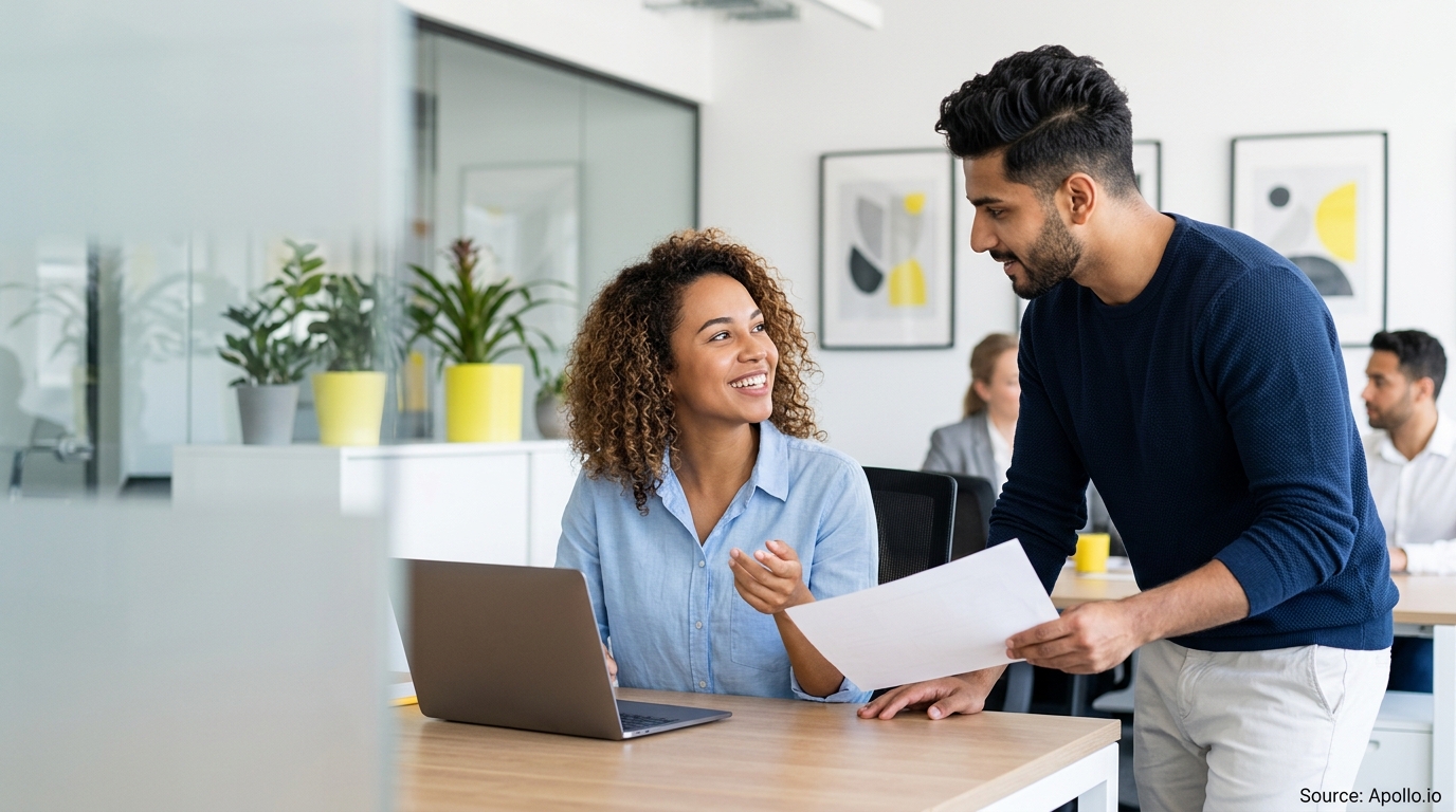 Four professionals collaborate in a bright office as two colleagues review a document and laptop together.