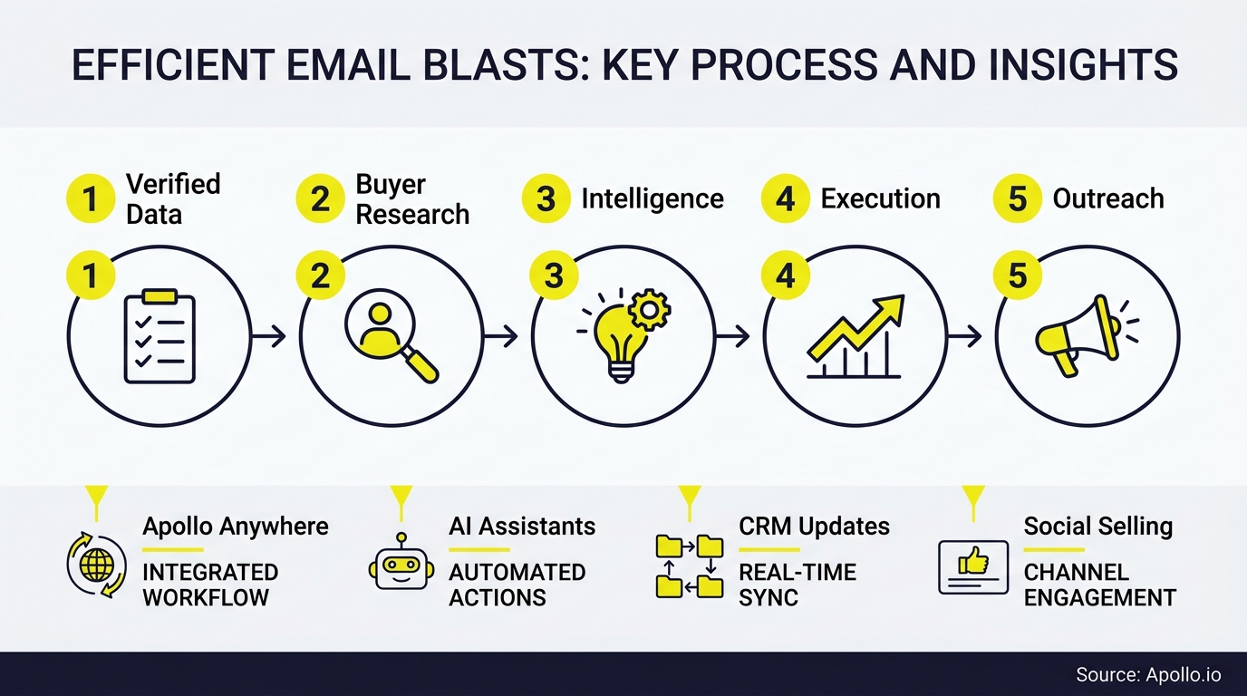 Five-step infographic outlines a process for email blasts featuring icons for data, research, intelligence, execution, and outreach.