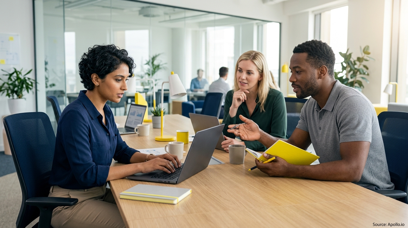 Three diverse professionals collaborate on a laptop at a shared wooden table in a modern office setting.