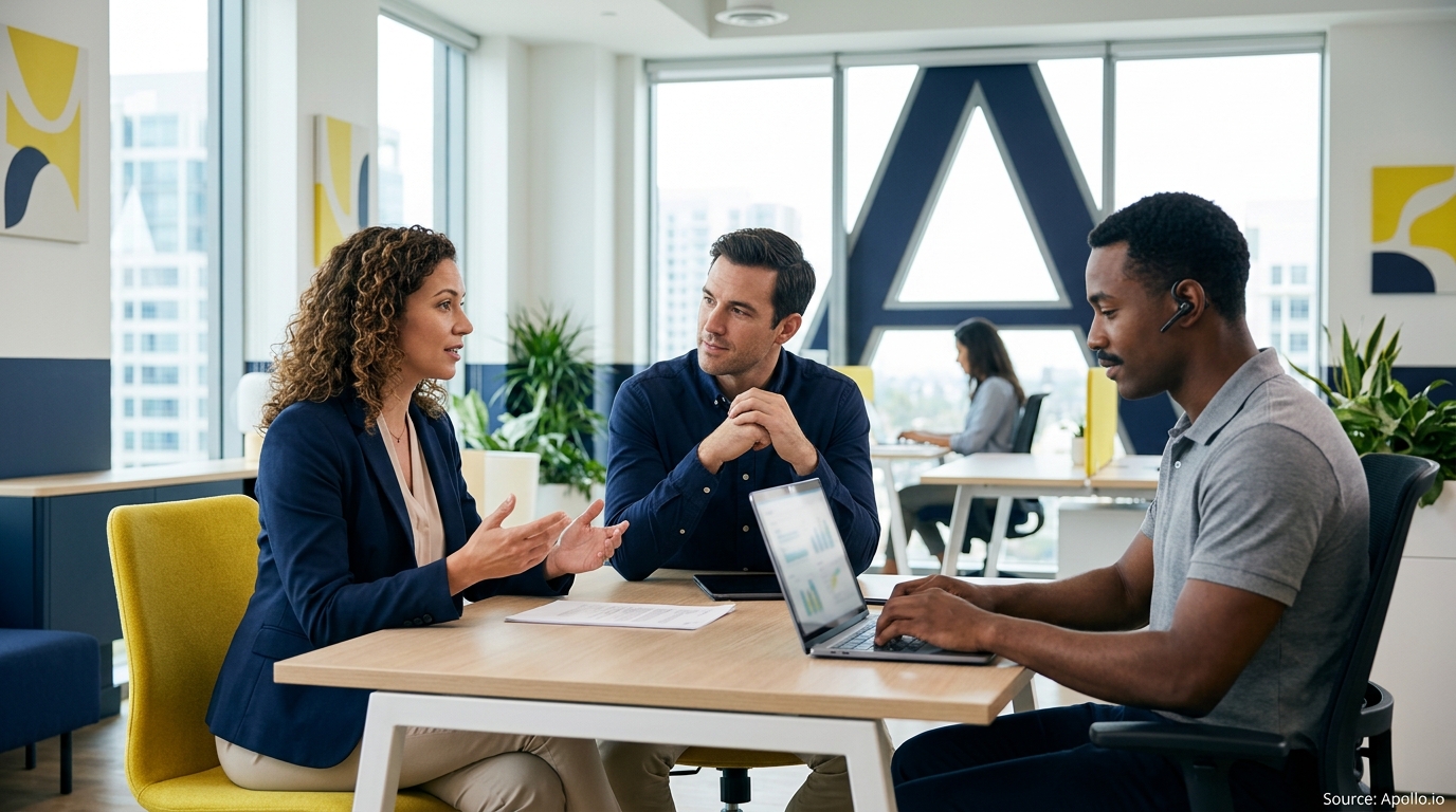 Three colleagues collaborate at a table in a modern office while using a laptop and discussing documents.