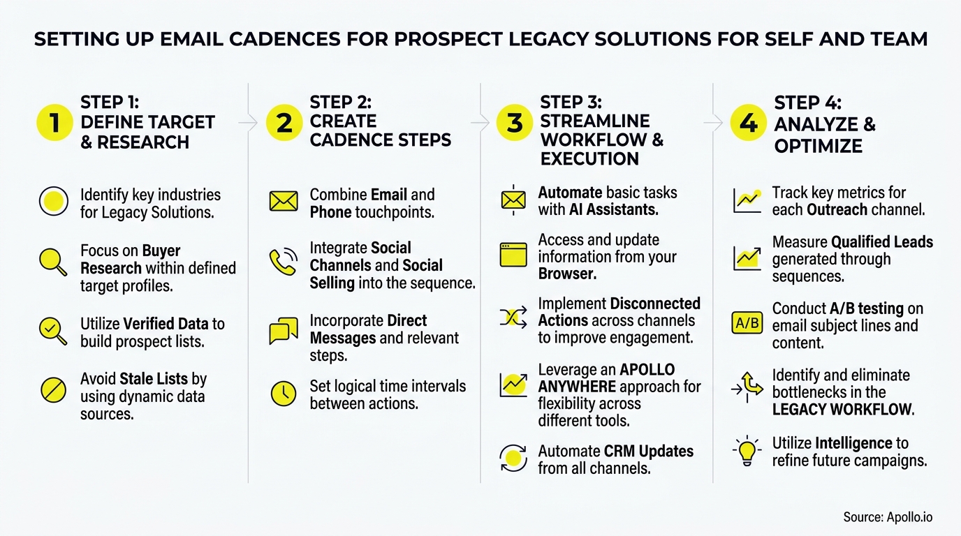 set up email cadences for prospect outreach for self and team infographic, key steps and actionable takeaways