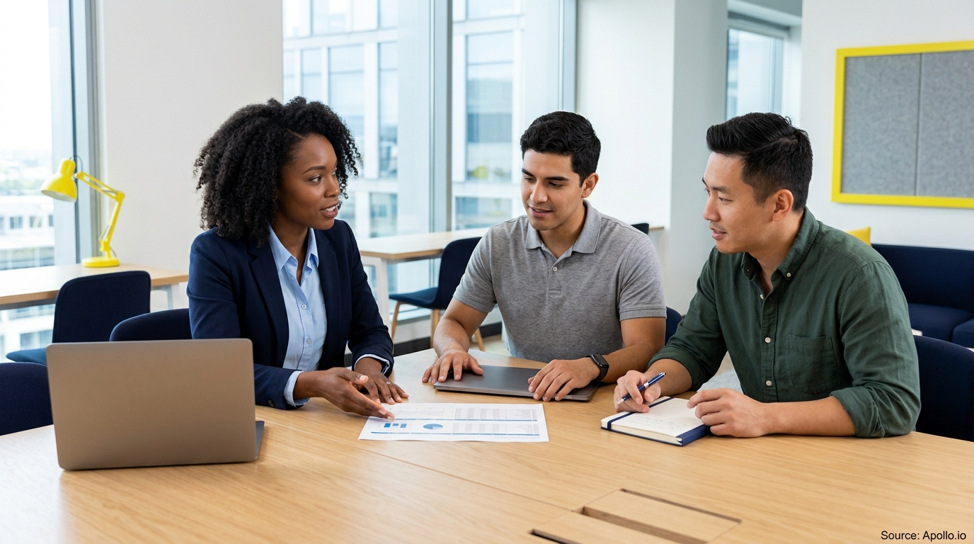 Three professionals review a report and take notes at a table in a bright, modern office.