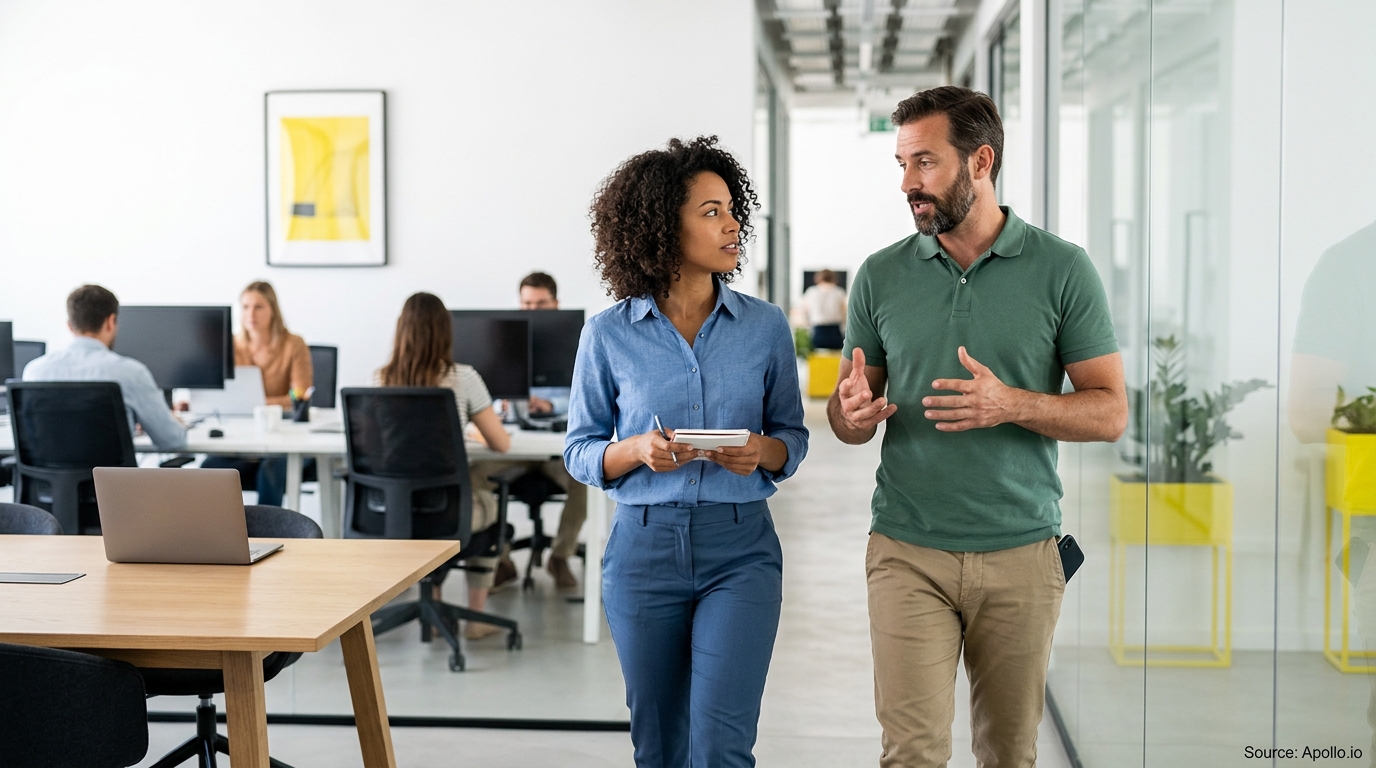 Two professionals discuss work while walking through a modern open-plan office with coworkers seated at desks.