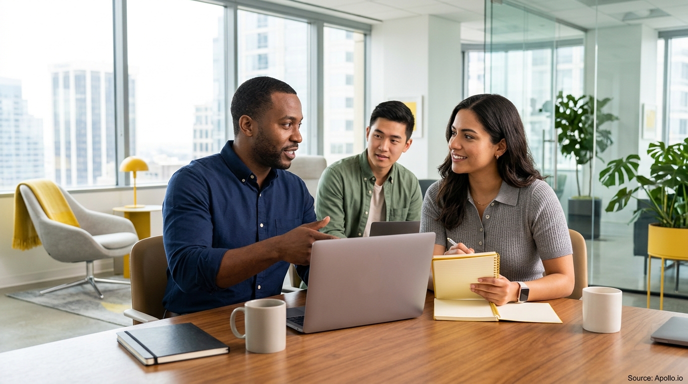 Three colleagues collaborate around a laptop and take notes at a table in a bright, modern office.