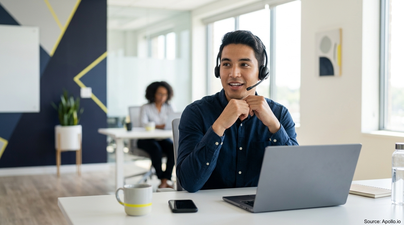 A man wearing a headset works on a laptop in a modern office alongside a coworker.
