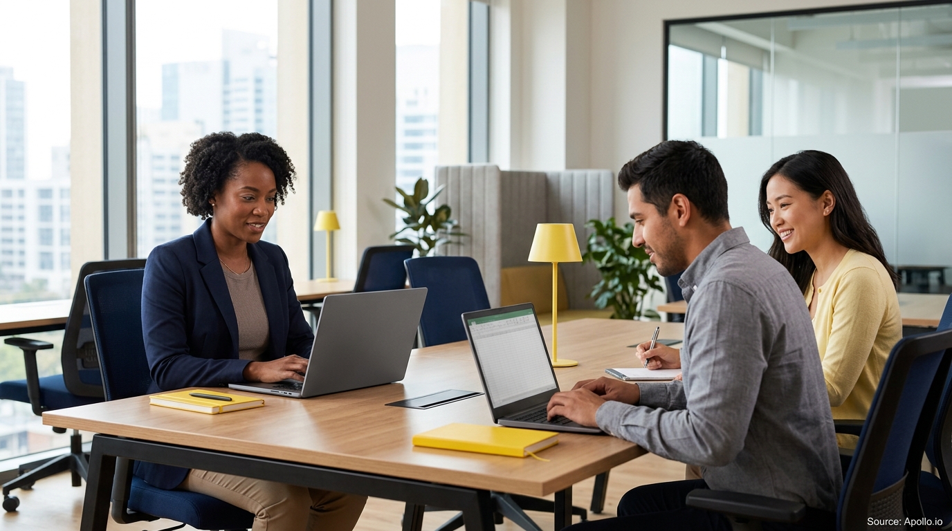 Three professionals collaborate and work on laptops at a wooden table inside a bright, modern office space.