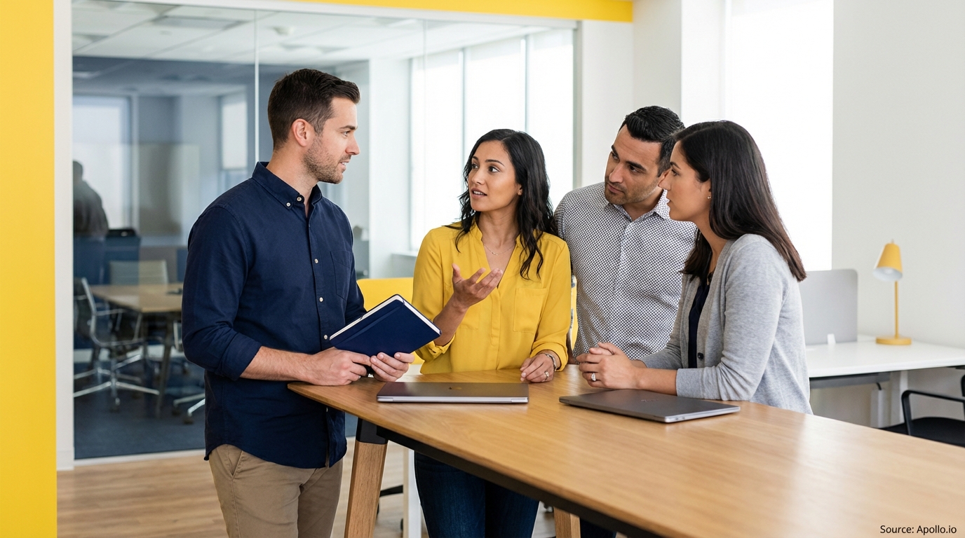 Four diverse colleagues hold a standing discussion at a bright, modern office table.