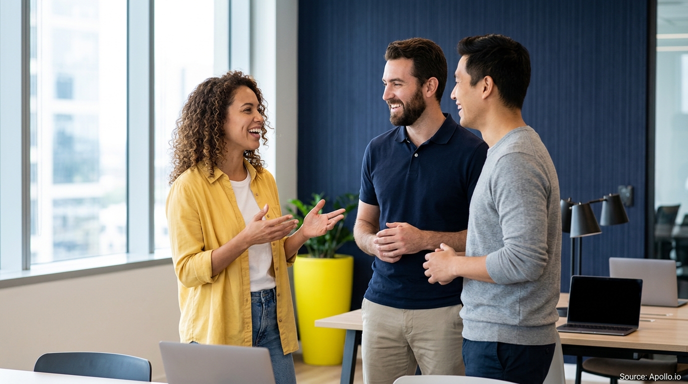 Three professionals talk and smile together in a bright, modern office with desks and large windows.