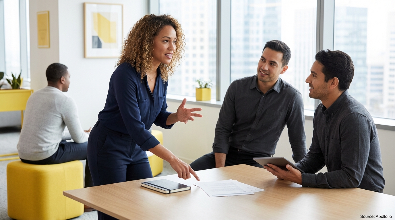 Four professionals collaborate, discussing documents and a tablet in a modern office.
