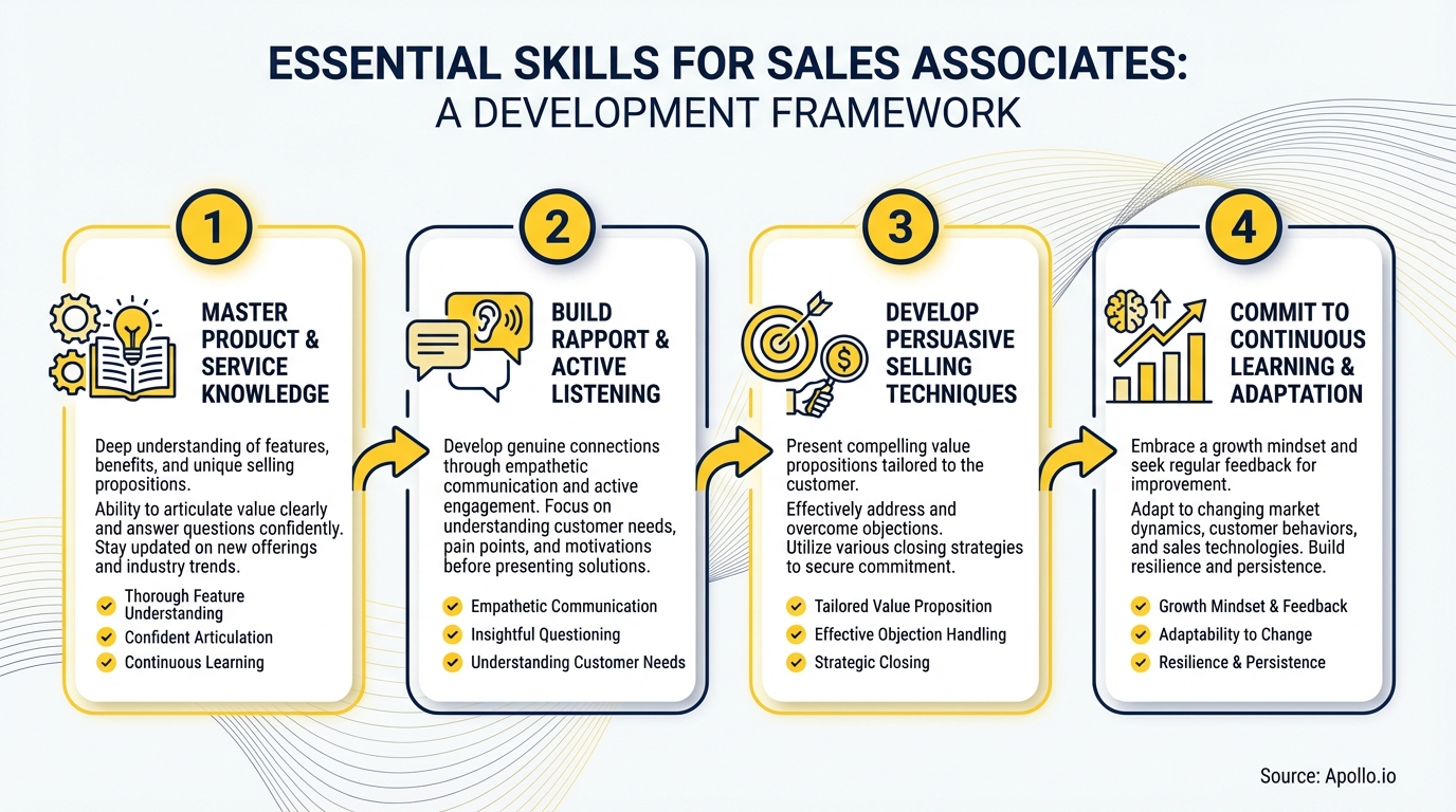 Infographic outlining four essential development skills for sales associates.