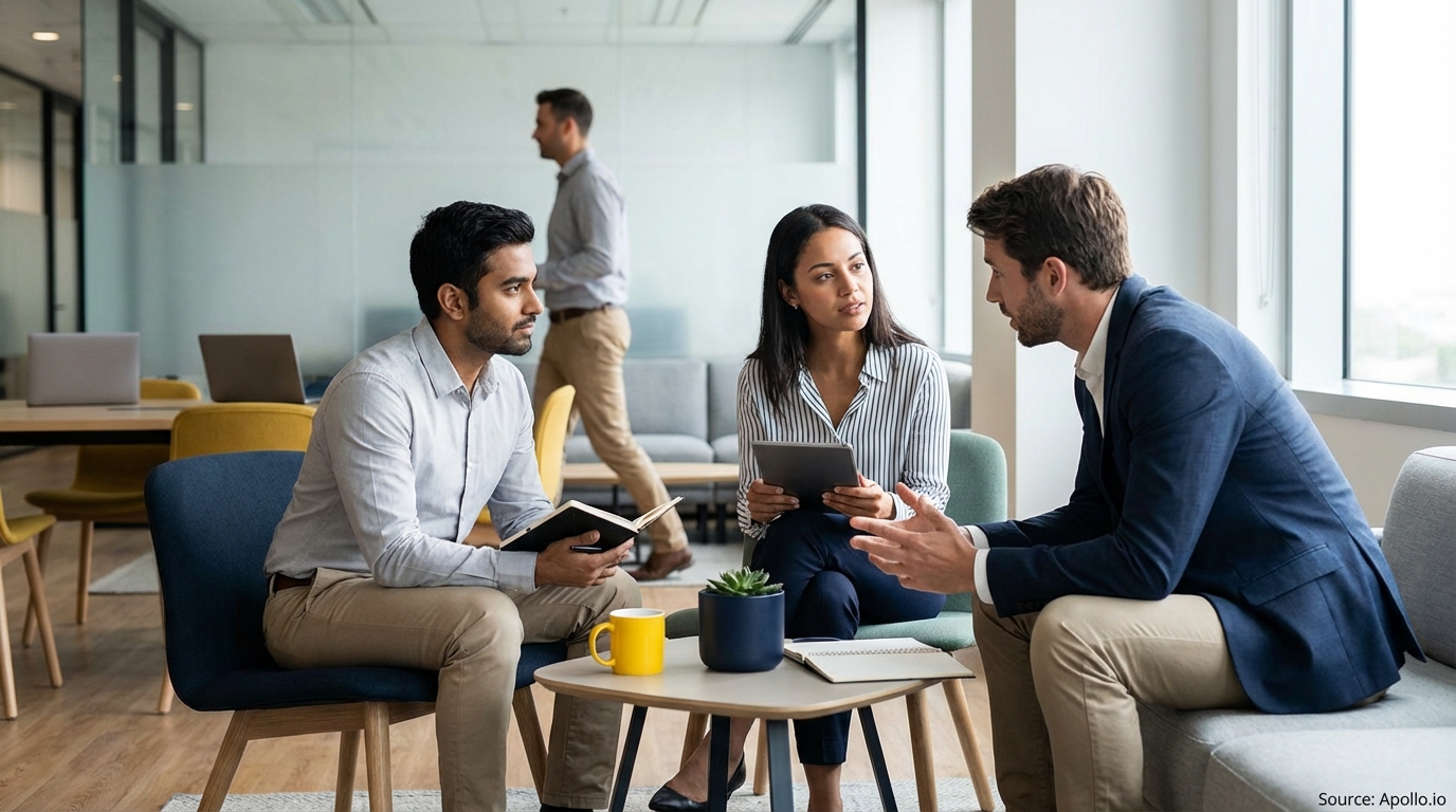 Three professionals discuss in a bright office lounge while another person walks past.