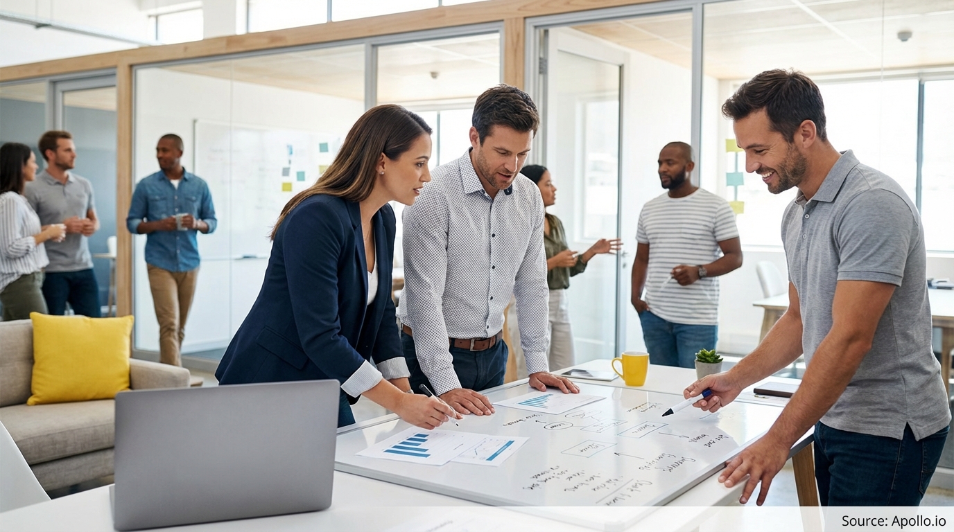 Sales team collaborating in a modern open-plan office in a sales team meeting