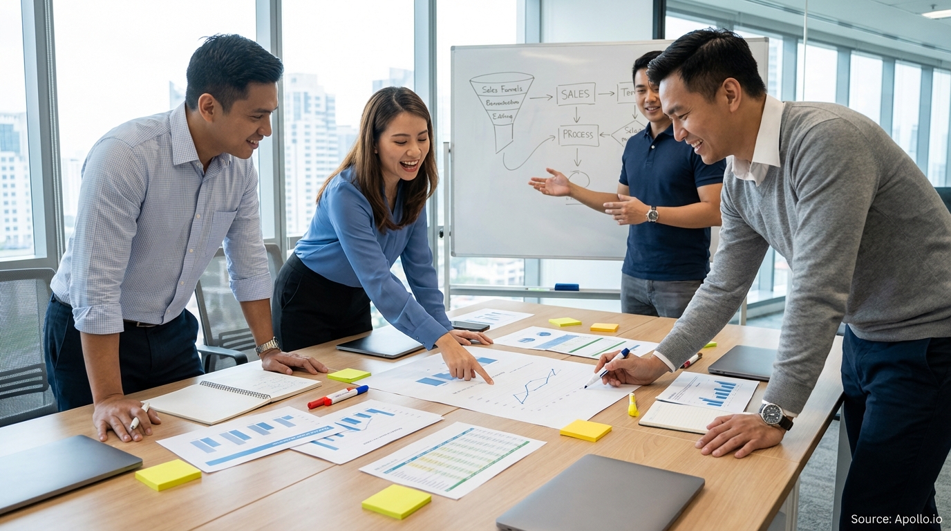 Sales professionals discussing strategy around a conference table in a sales team meeting