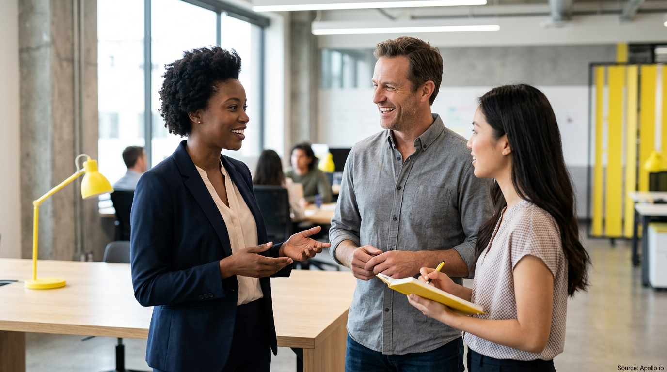 Three professionals talk and take notes during a collaborative meeting in a bright, modern office.