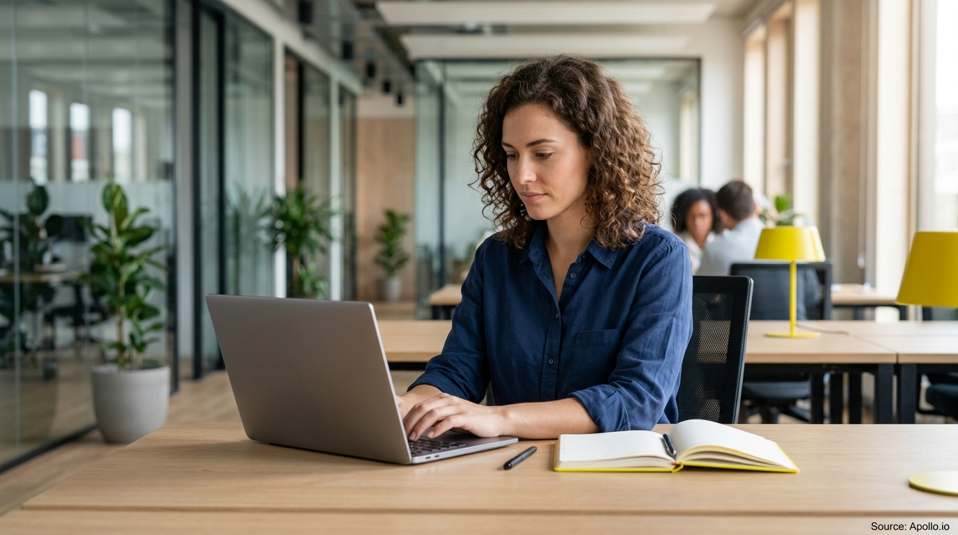 A woman types on a laptop in a modern office with two colleagues working in the background.