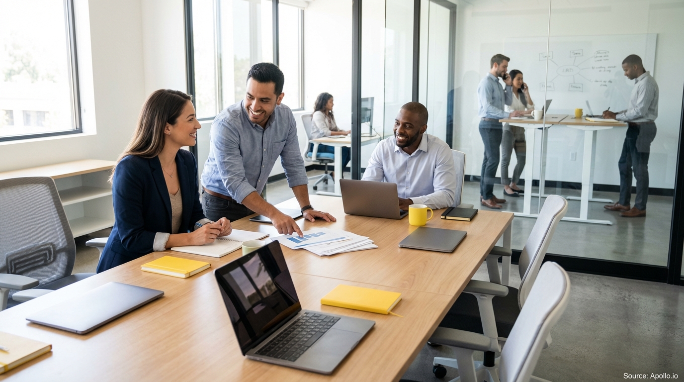 Sales team collaborating in a modern open-plan office in a sales team meeting