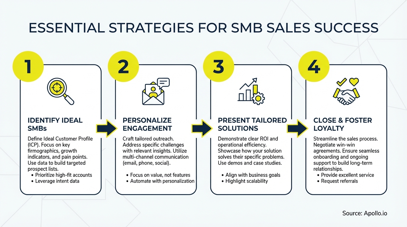 Infographic summarizing key sales strategy with actionable steps