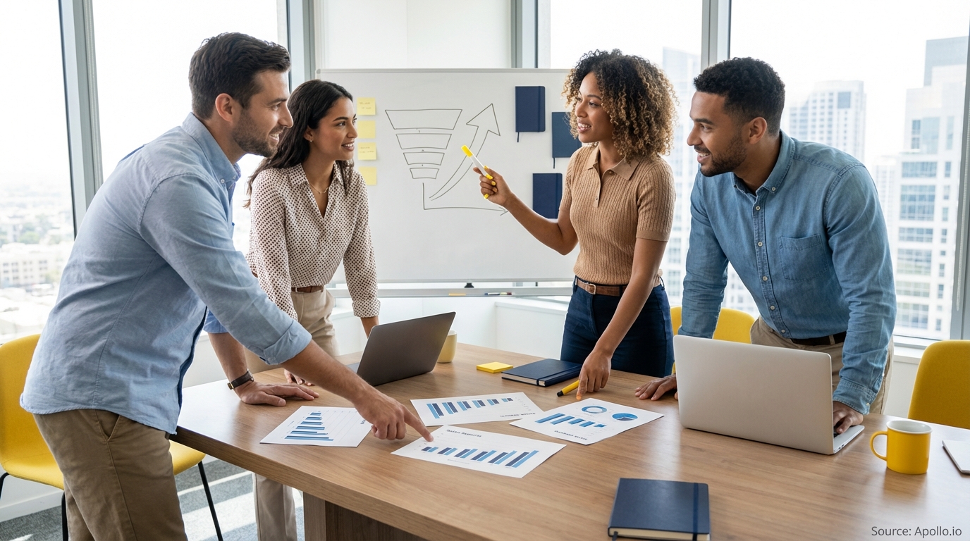 Sales professionals discussing strategy around a conference table in a sales team meeting