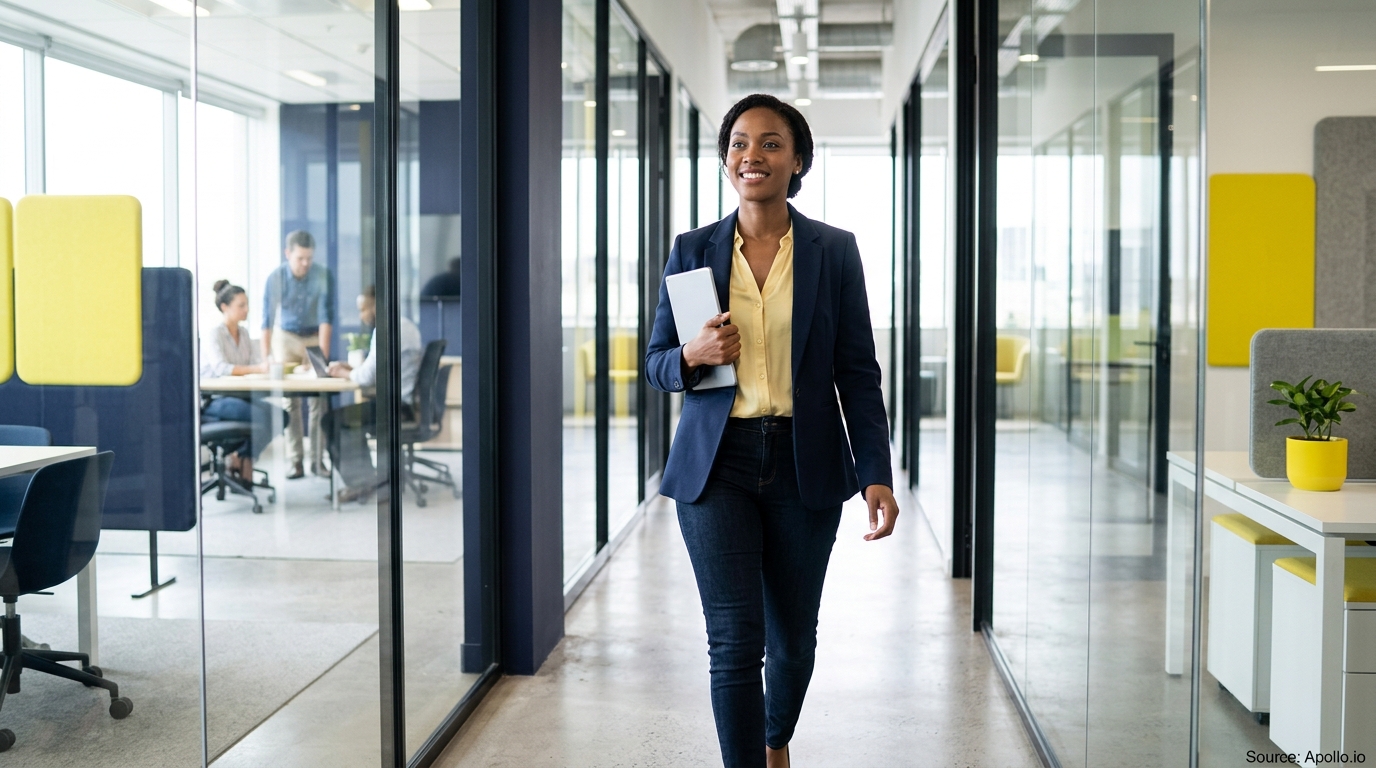 A professional woman walks through a modern office hallway while three colleagues work in a glass-walled room.
