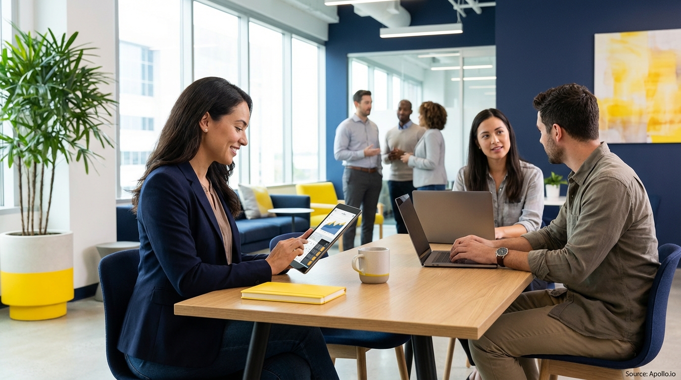 Six professionals collaborate in a modern office, using laptops and a tablet with charts.