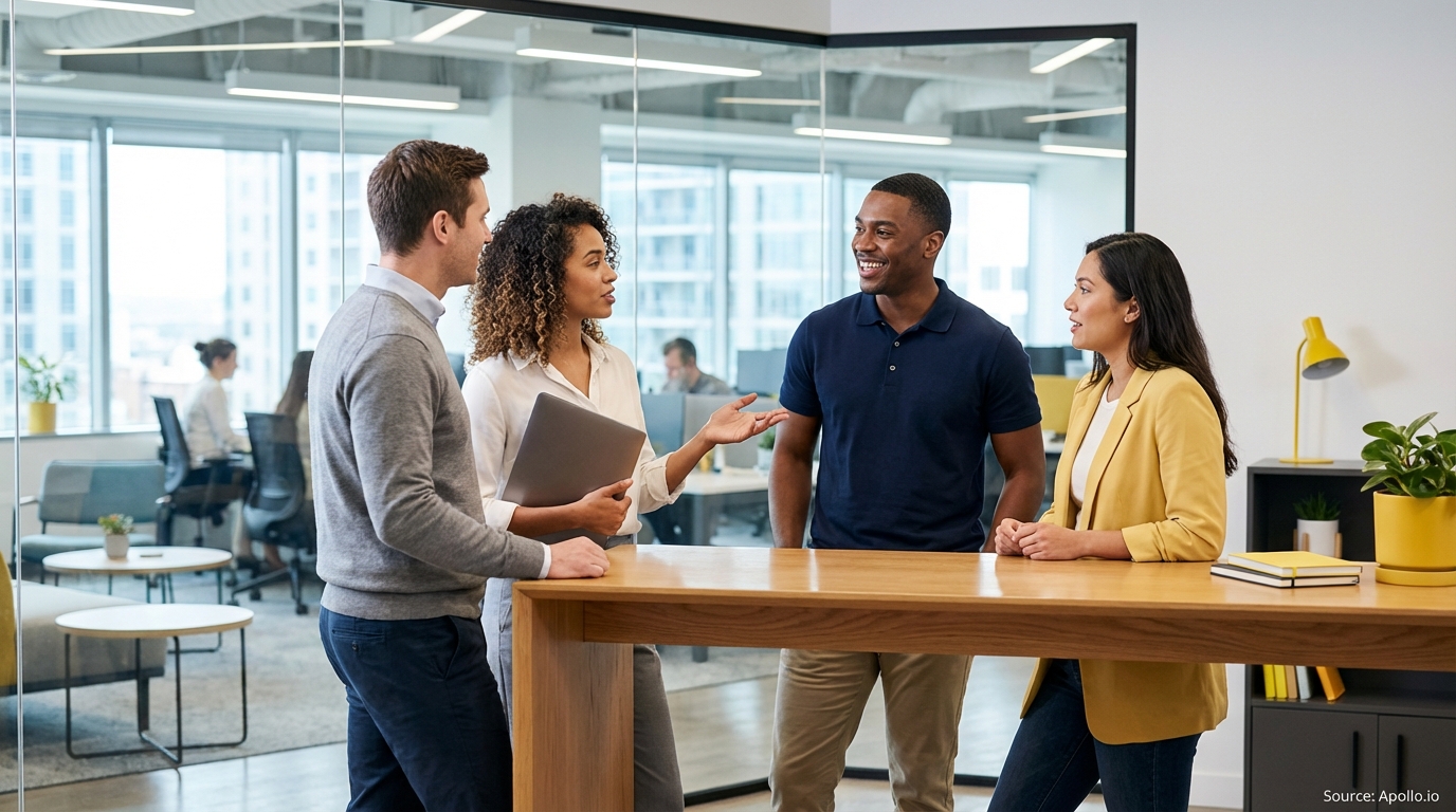 Four professionals talk at a high table in a bright, modern office.
