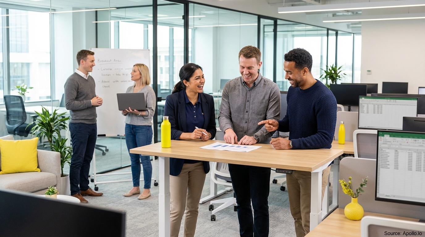 Sales team collaborating in a modern open-plan office discussing compensation strategies