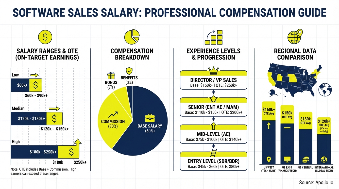 Infographic showing sales professional salary ranges and compensation breakdown by experience level