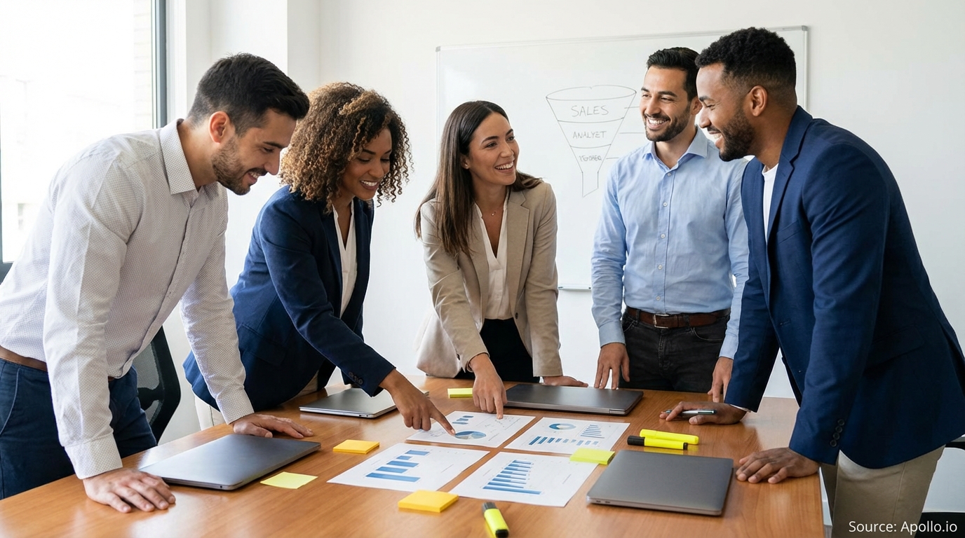 Sales professionals discussing strategy around a conference table discussing compensation strategies