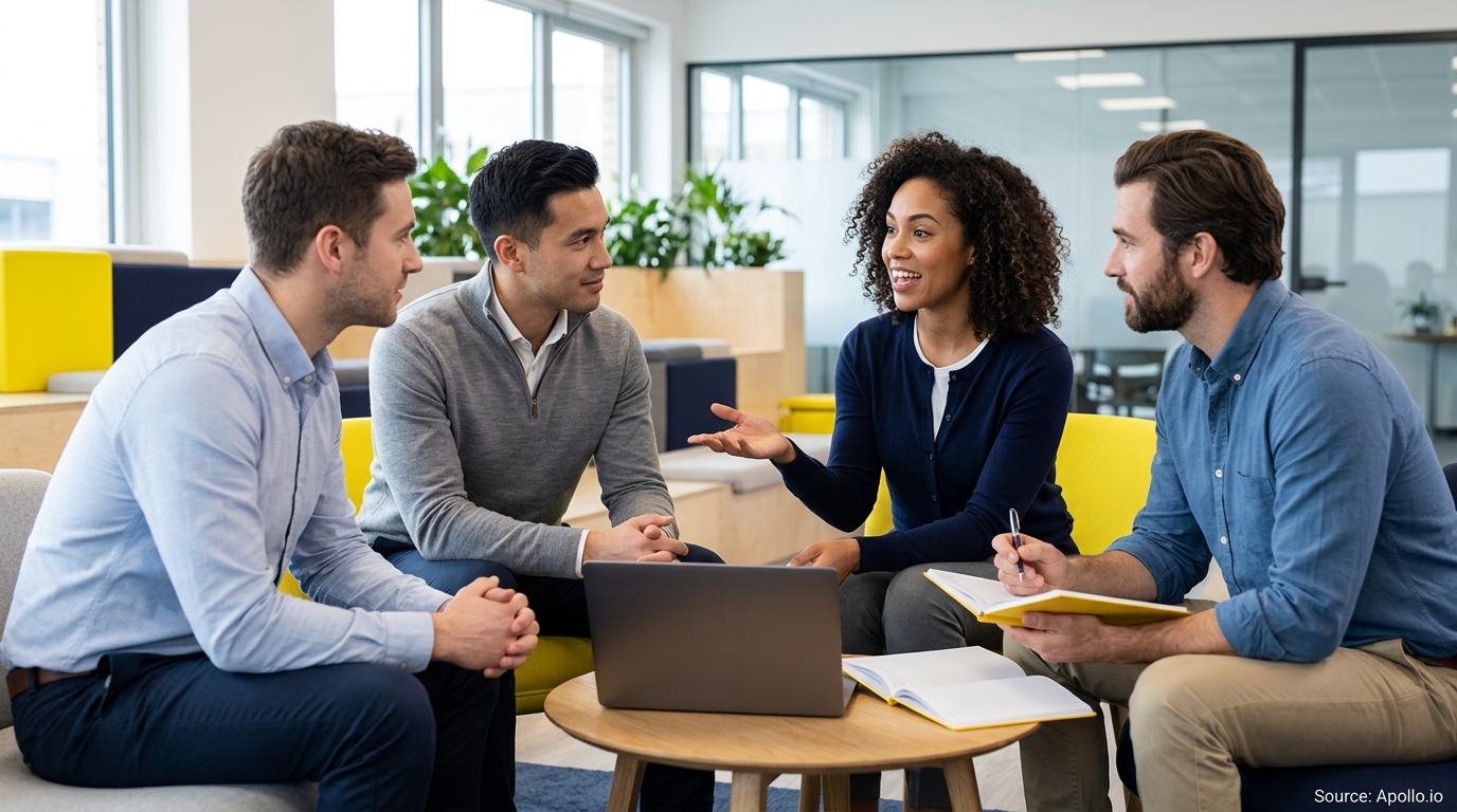 Four professionals collaborate in a modern office lounge, discussing business around a small table with a laptop.