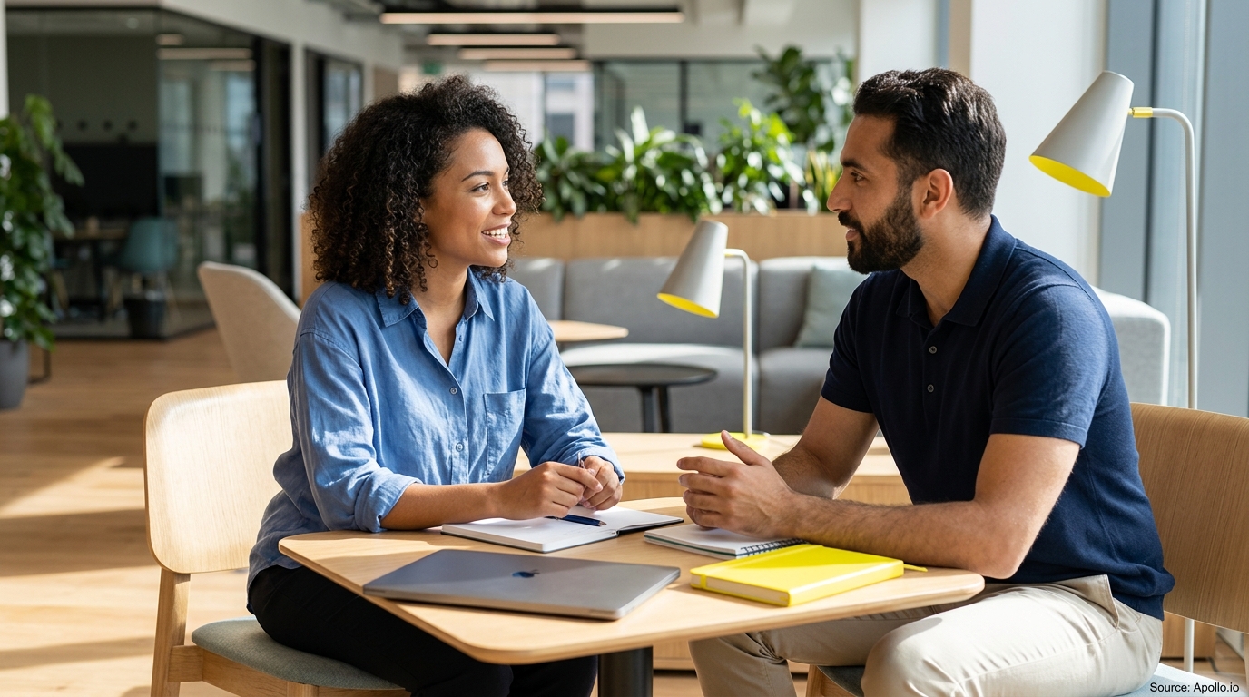 Two professionals discuss business at a table with a laptop and notebooks in a bright, modern office.