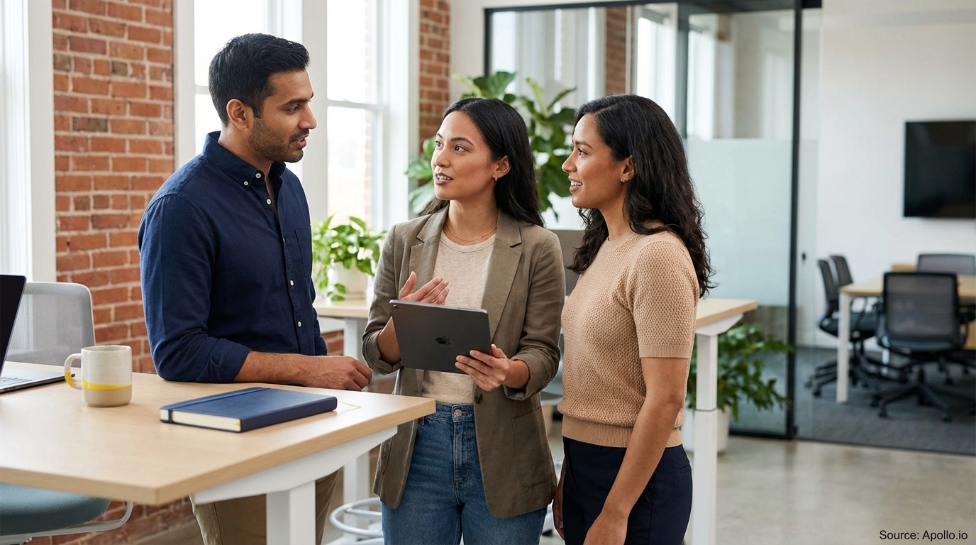 Three colleagues discuss work in a bright modern office, one holding a tablet.
