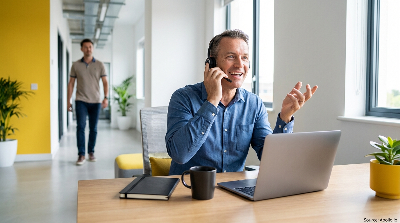 A man talks on a headset at a desk while another walks down a brightly lit office corridor.