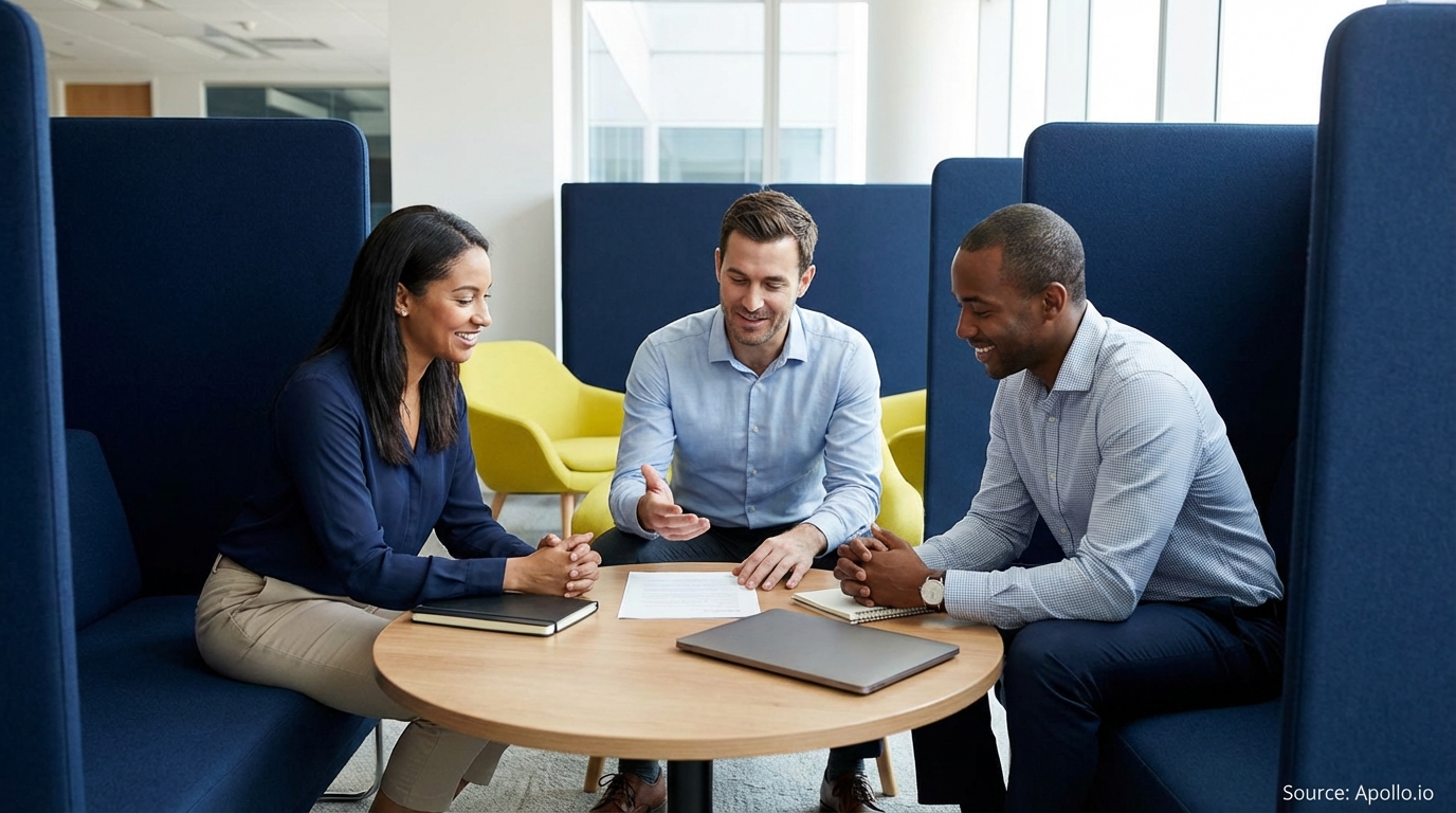Three smiling professionals discuss documents at a round table in a modern office.