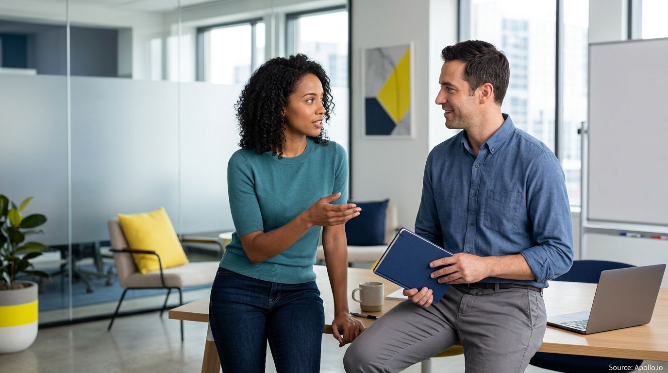 Two professionals discuss business strategies while leaning on a wooden desk in a bright, modern office setting.