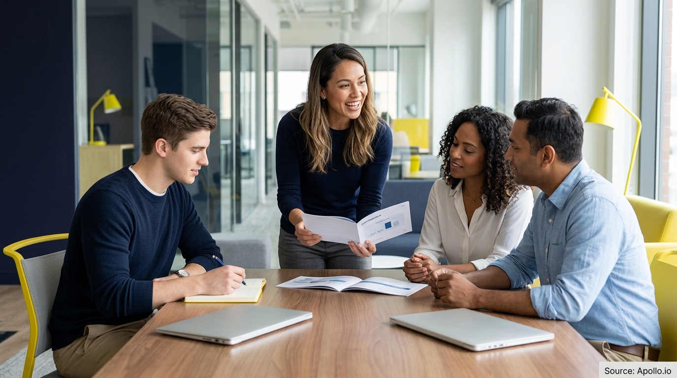 Four professionals collaborate over reports and data at a wooden table in a bright, modern office.