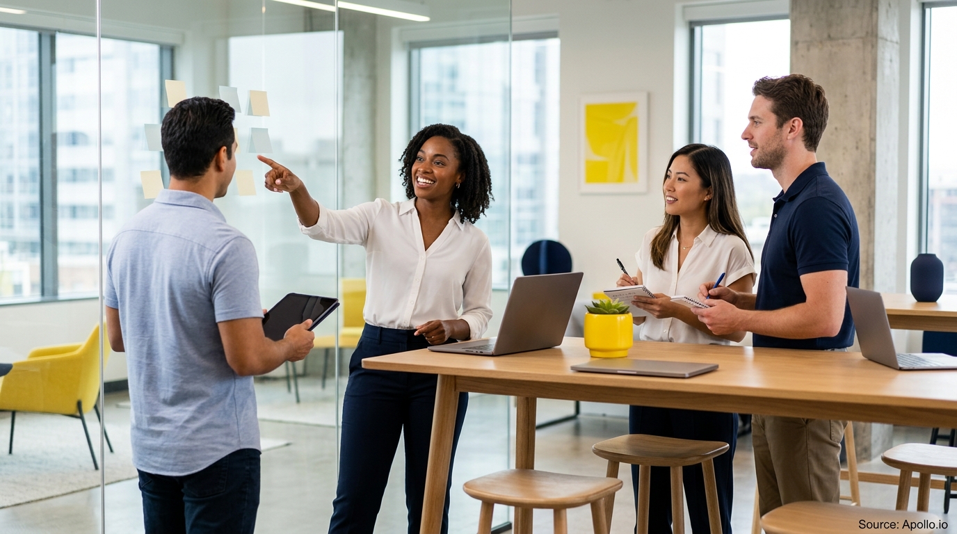 Four professionals collaborate in a modern office using laptops, a tablet, and sticky notes on a glass wall.