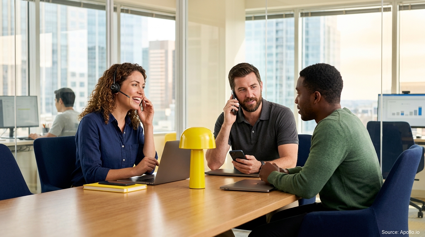 Three professionals use phones and laptops to collaborate at a conference table in a bright, modern office.