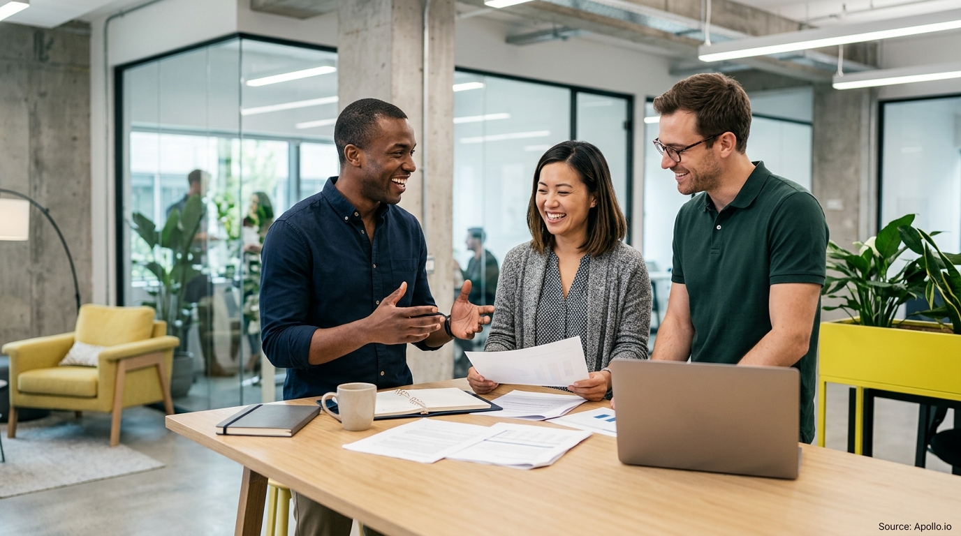 Three professionals smile while reviewing documents and a laptop at a table in a bright, modern office.