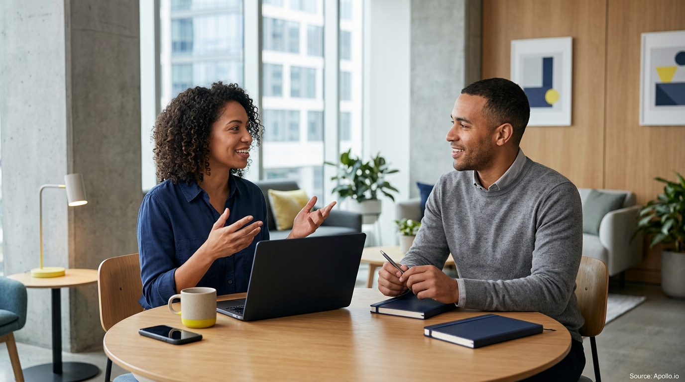 Two professionals discuss information at a wooden table with a laptop and notebooks in a bright office.