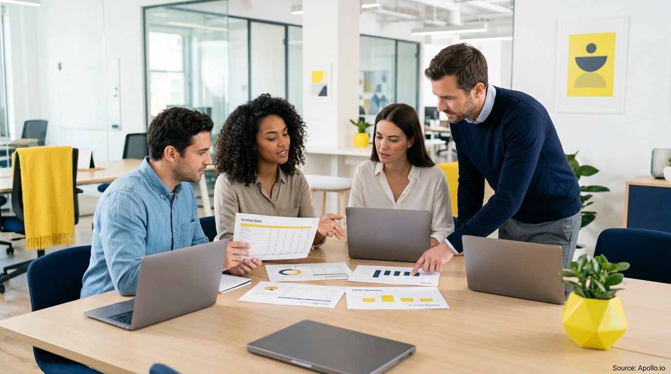 Four professionals review data reports and laptops while collaborating at a wooden table in a modern office.
