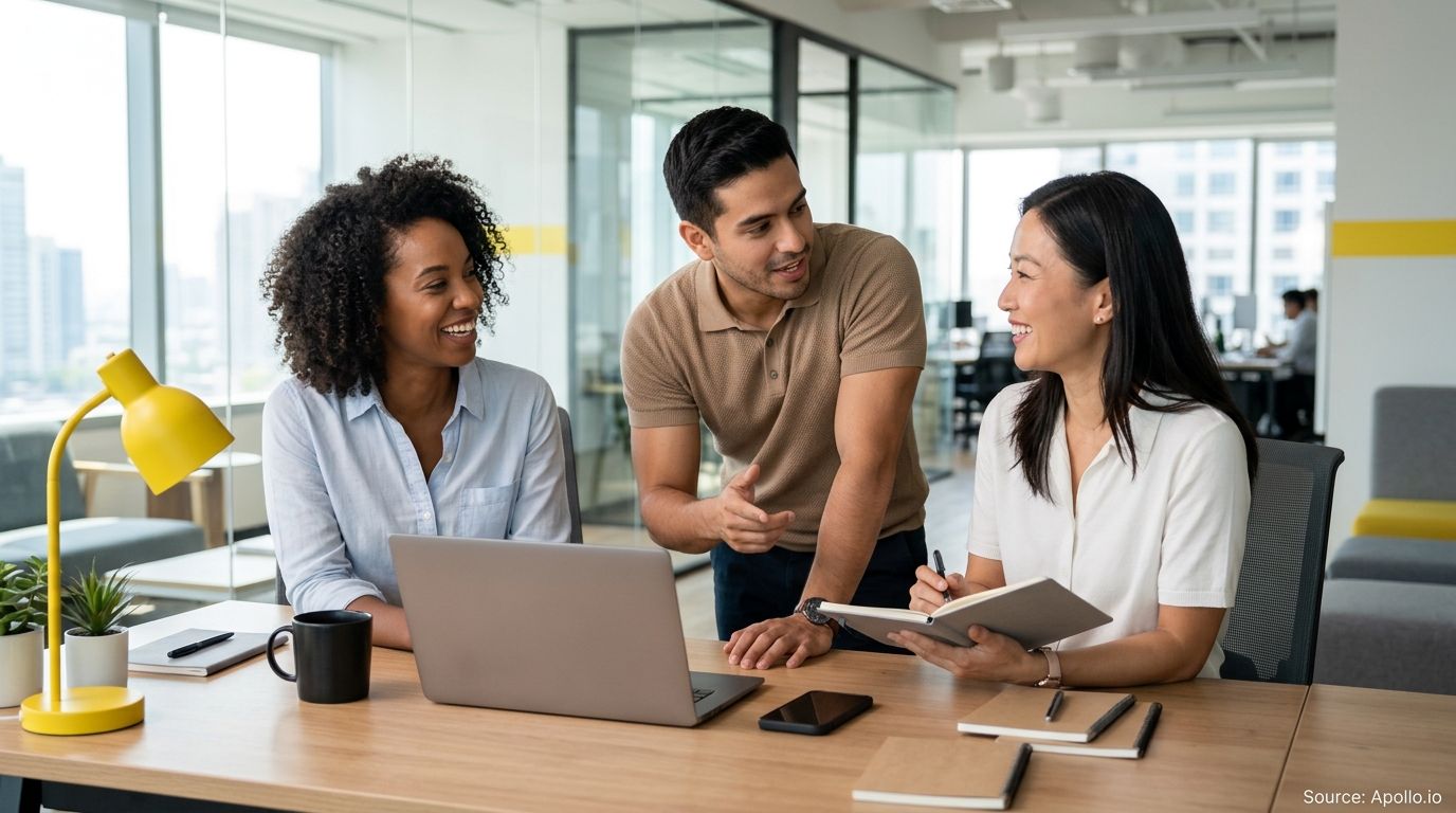 Three professionals collaborate over a laptop and notebooks at a sunlit desk in a modern office.