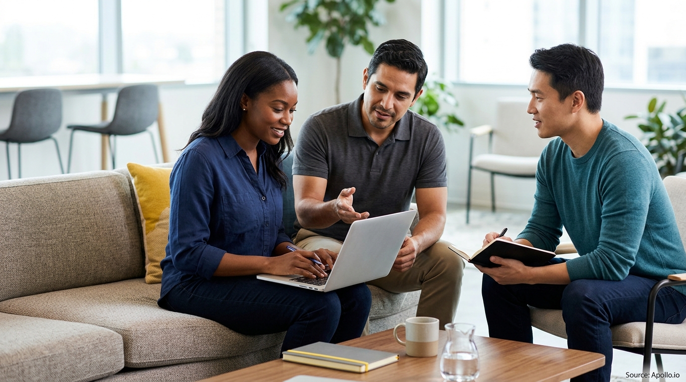 Three professionals review information on a laptop and notepad in a modern, sunlit office lounge.
