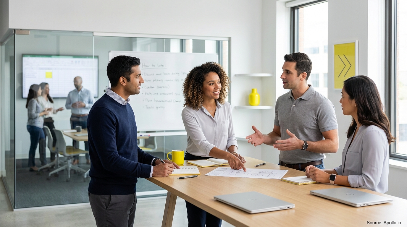 Sales team collaborating in a modern open-plan office in a sales team meeting