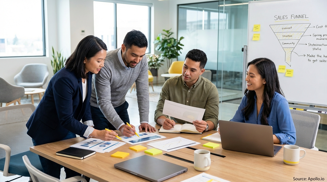Sales professionals discussing strategy around a conference table in a sales team meeting