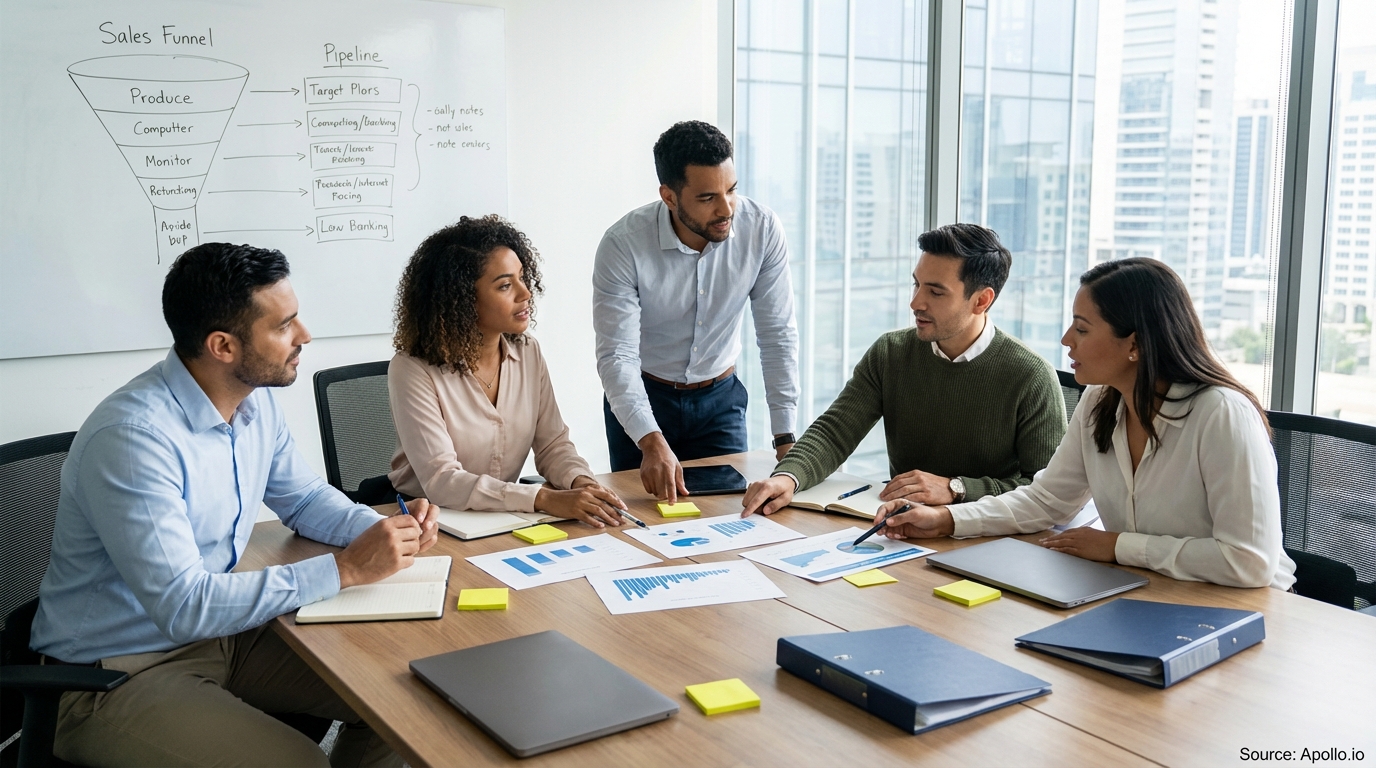 Sales professionals discussing strategy around a conference table in a sales team meeting