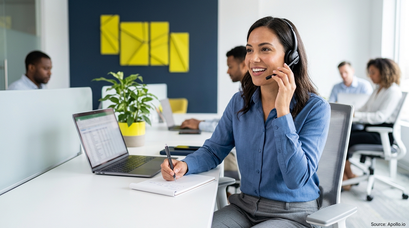 A woman in a headset takes notes while four other professionals work in a modern open office.