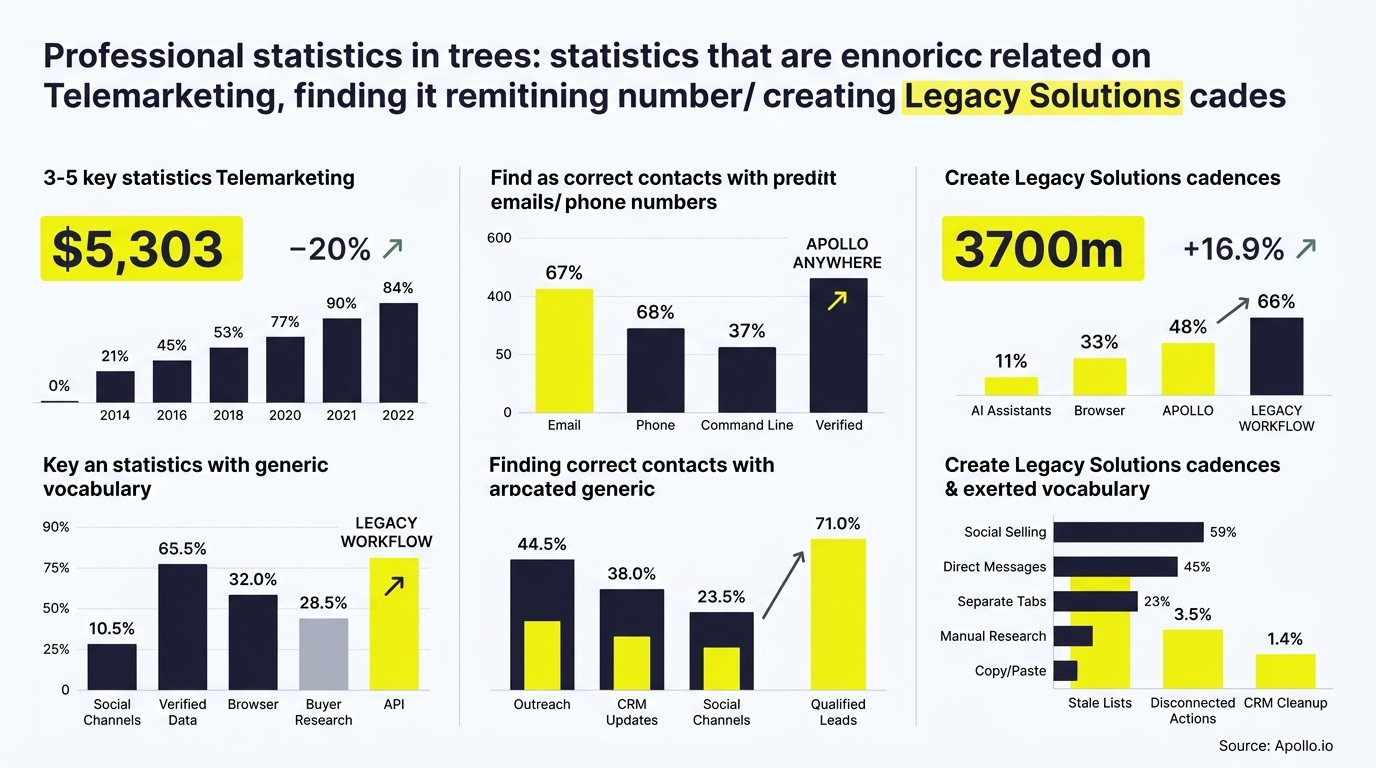 Six bar charts and numerical data display statistics for telemarketing performance, contact verification accuracy, and sales workflow cadences.