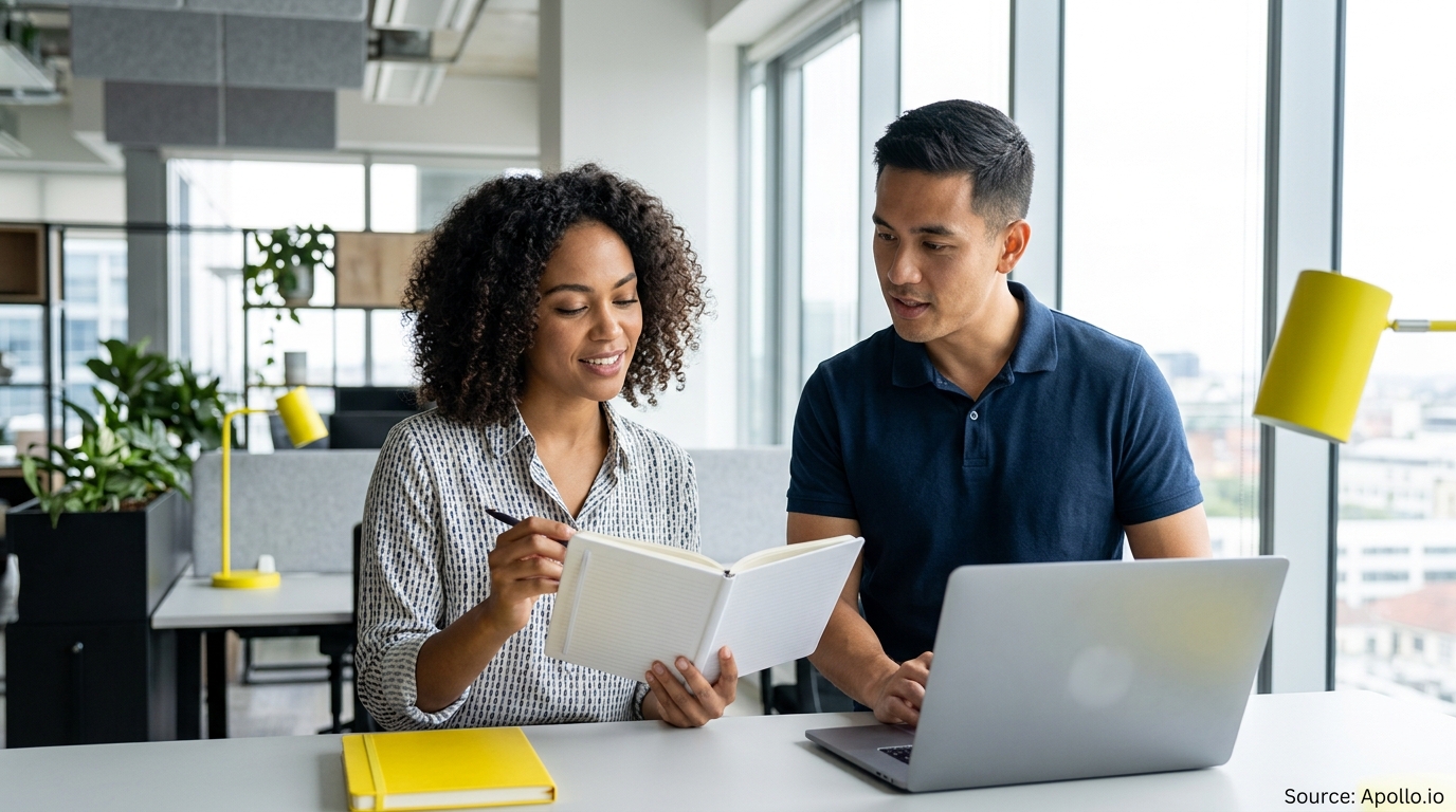 Two professionals collaborate at a desk over a notebook and laptop in a bright, modern office.