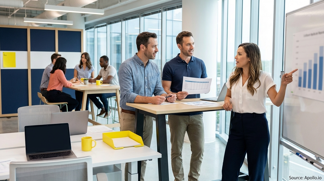 Sales team collaborating in a modern open-plan office discussing compensation strategies