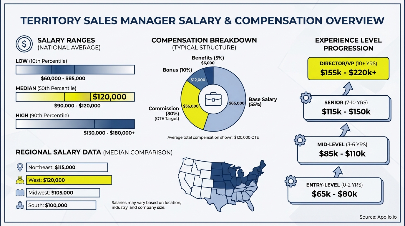Infographic showing Sales Manager salary ranges and compensation breakdown by experience level